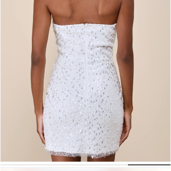 White Sequin Pearl Strapless Mini Dress - Picture 5 of 8